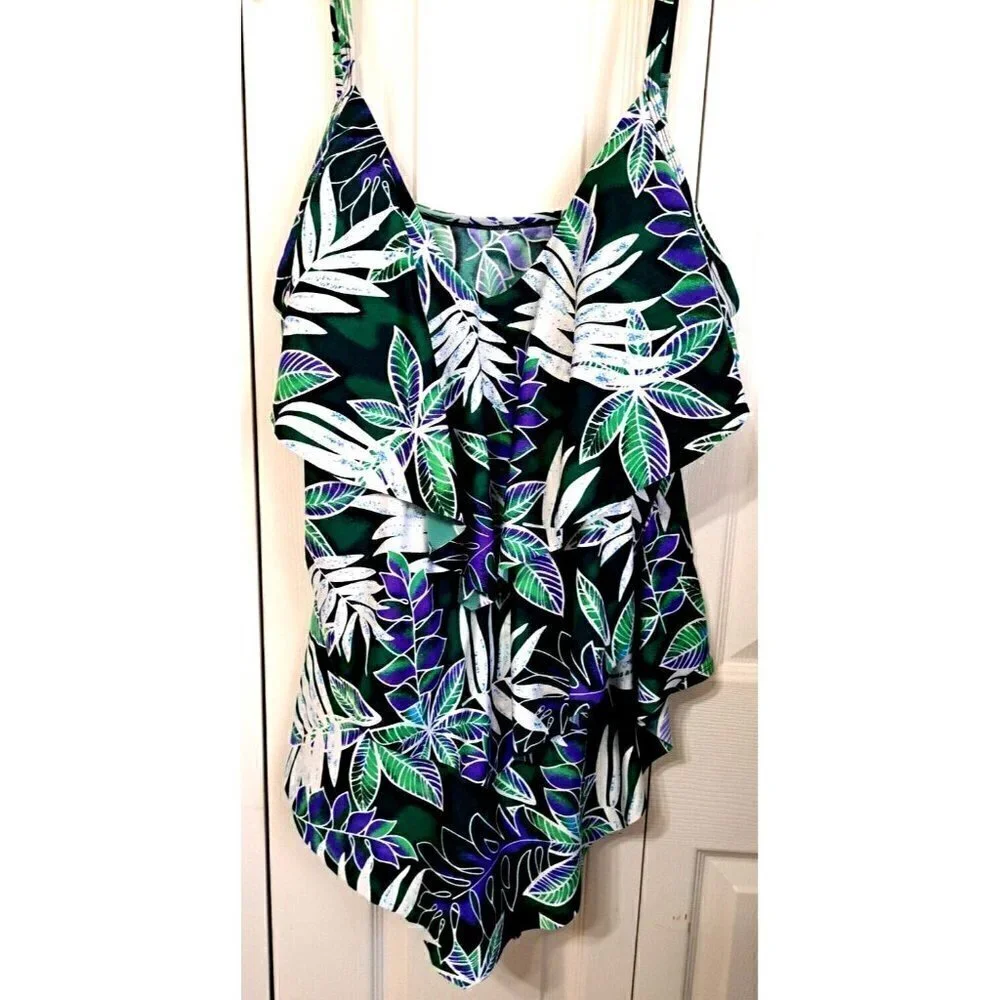 Sea & Sand Beachwear 24W One Piece Tropical Print Ruffled Swimsuit Thin Straps